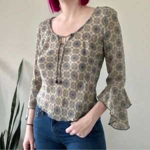 Vintage 90s Y2K Clio Boho Print Semi Sheer Peasant Blouse